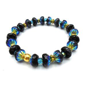 BEAUTIFUL JET BLACK AB Czech Glass Flower Pod Stretch Bracelet